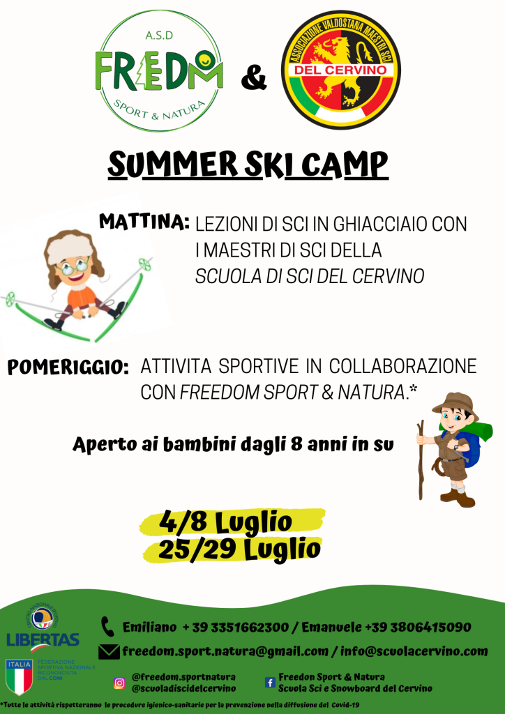 Locandina di un Centro Estivo in cui si portano i bambini anche a sciare sul ghiacciaio a Cervinia.